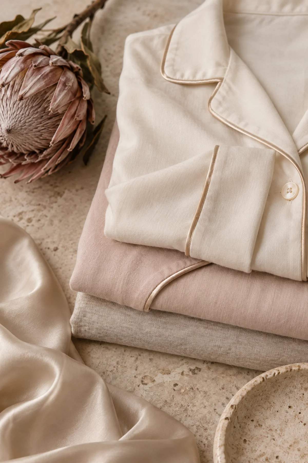 Ivory and blush loungewear fabrics with a dried protea